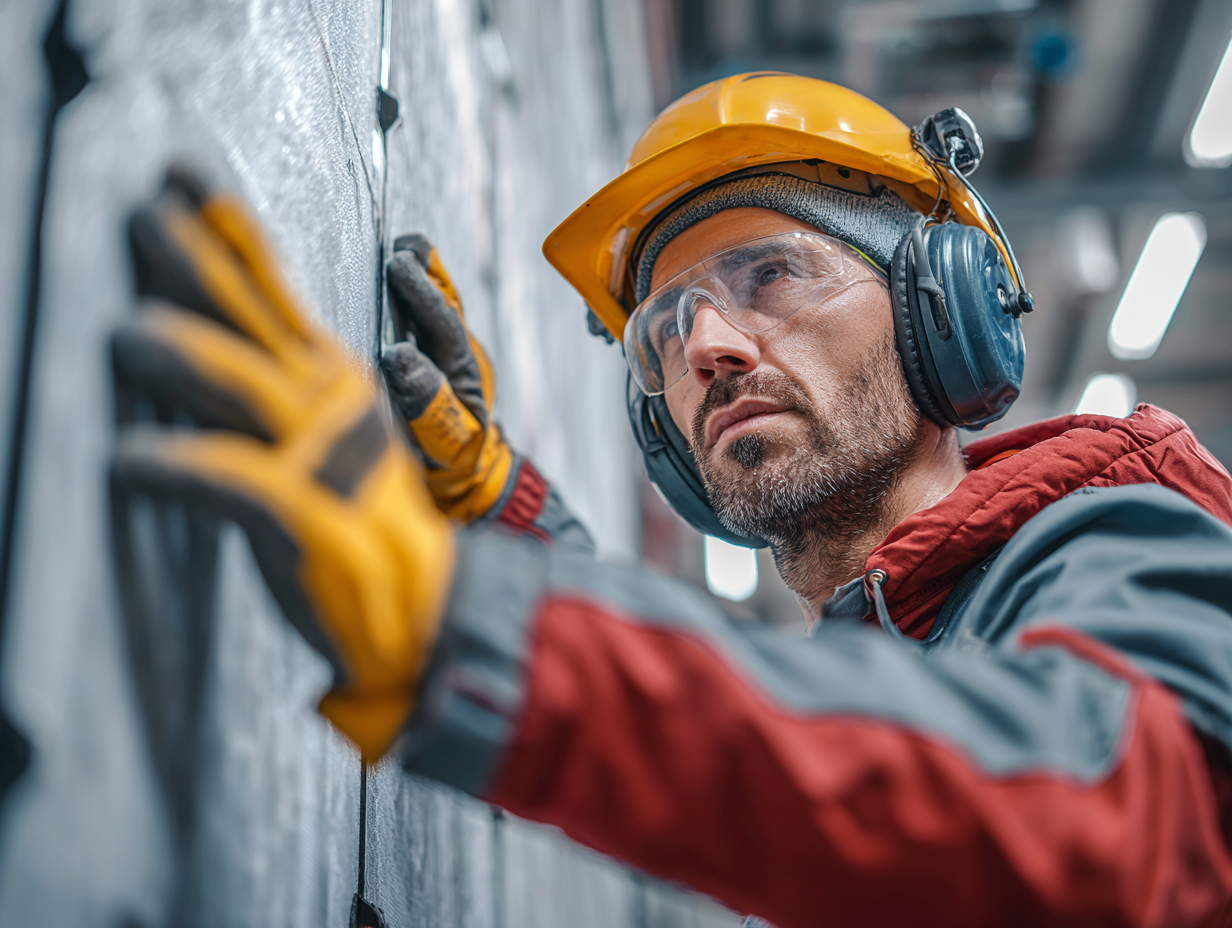 Industrial technician with hearing protection installing soundproofing panel on factory wall